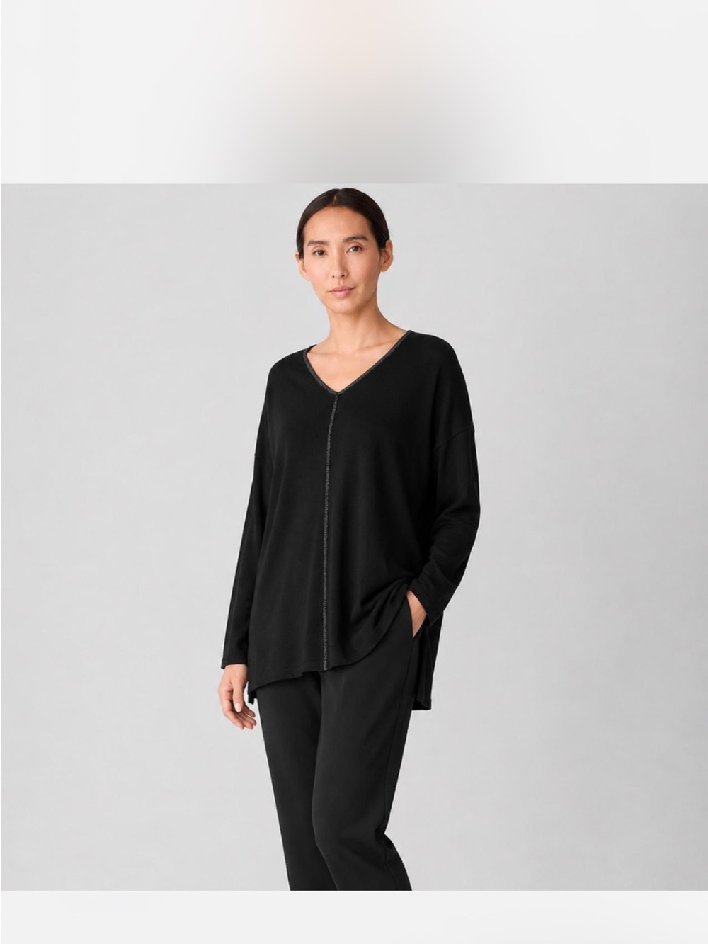 Eileen Fisher Women’s Black Merino Wool V-Neck Metallic Trim Tunic Sweater Large